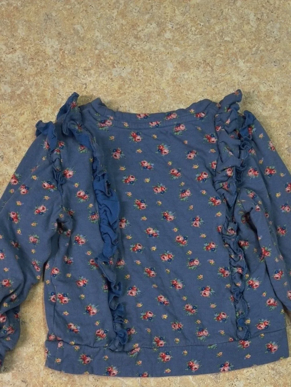 Mini Boden Blue Floral Ruffle Sweatshirt Sz 3-4 GUC.